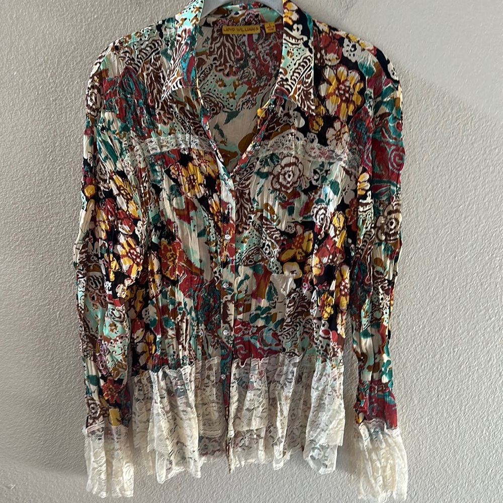 Lloyd Williams Vintage Floral Lace Button Down Blouse Size Large